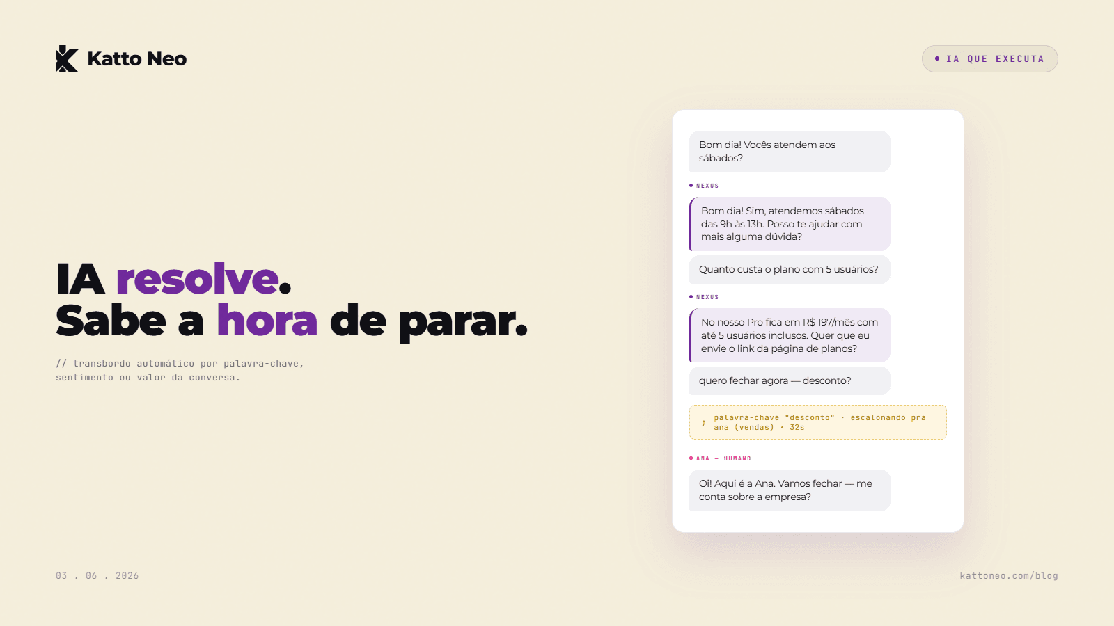 Conversa WhatsApp mostrando momento exato de transbordo de IA pra humano destacado